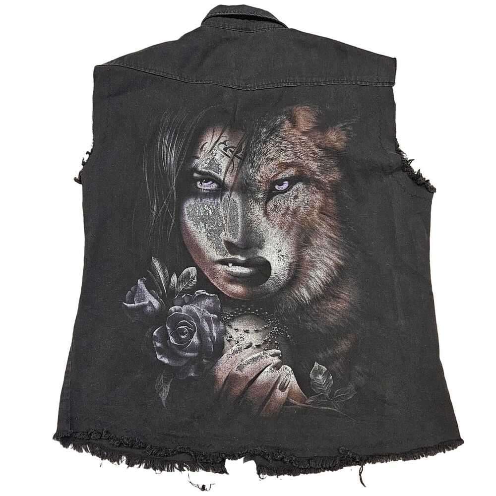 Spiral Men's Sleeveless Black Pearl Snap Button Down Shirt Wolf/Woman Size XXL